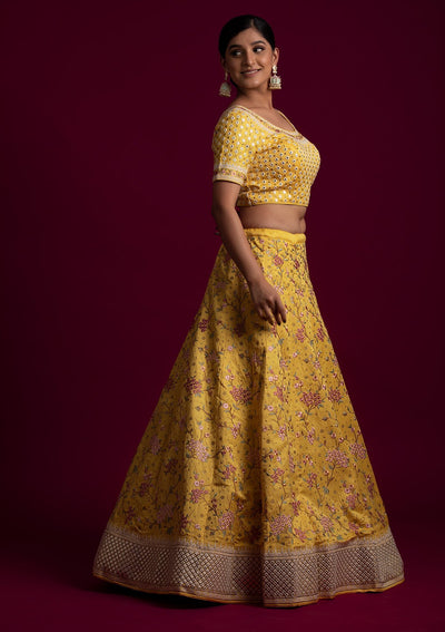 Yellow Threadwork Raw Silk Designer Lehenga - koskii