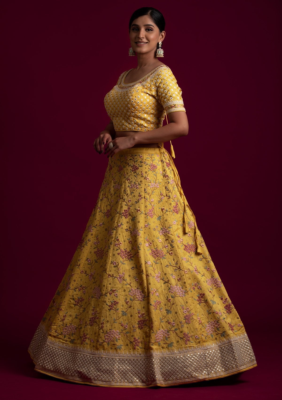Yellow Threadwork Raw Silk Designer Lehenga - koskii