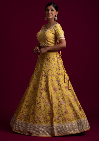 Yellow Threadwork Raw Silk Designer Lehenga - koskii