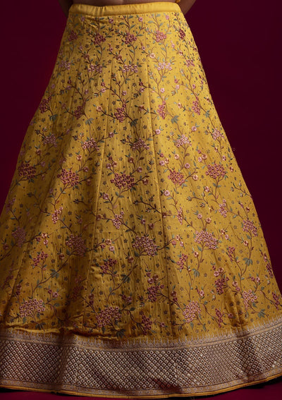 Yellow Threadwork Raw Silk Designer Lehenga - koskii