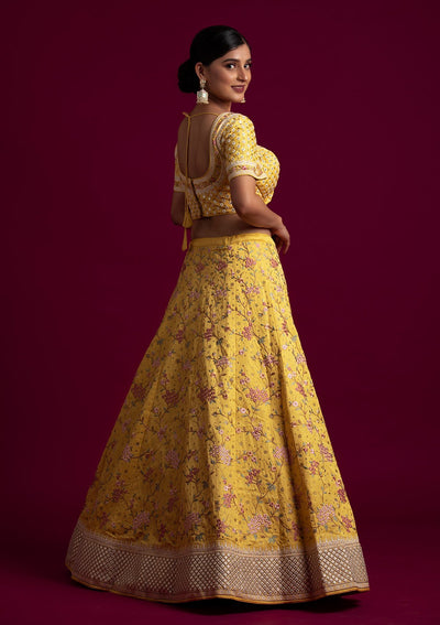Yellow Threadwork Raw Silk Designer Lehenga - koskii