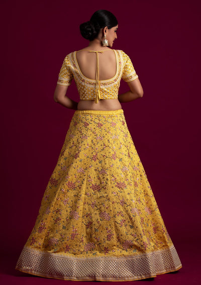Yellow Threadwork Raw Silk Designer Lehenga - koskii