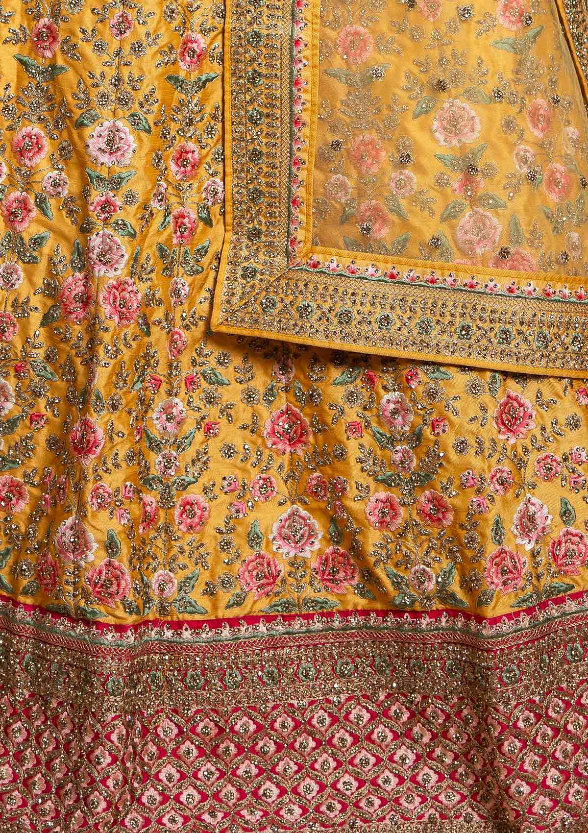 Yellow Threadwork Raw Silk Designer lehenga - koskii