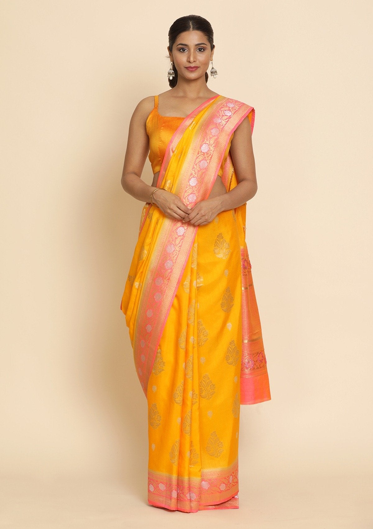 Yellow Zariwork Raw Silk Designer Saree - koskii