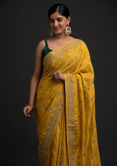 Yellow Zariwork Raw Silk Designer Saree - koskii