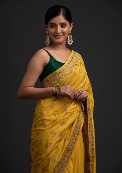 Yellow Zariwork Raw Silk Designer Saree - koskii