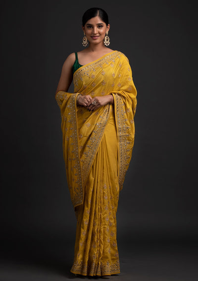 Yellow Zariwork Raw Silk Designer Saree - koskii